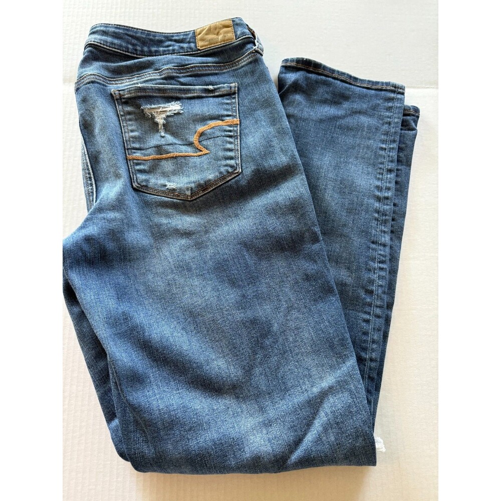 American Eagle Distressed Denim Women's Jeans Size 14 Tall Blue Super Stretch - Picture 6 of 6